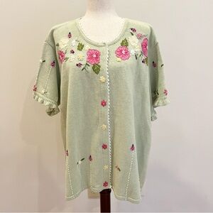 *SOLD*Storybook Knits Cardigan Women 3X Green Pink Floral Ladybugs Bead Granny